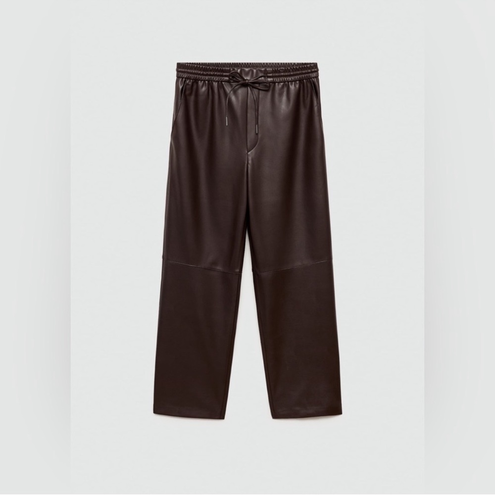Mango elastic waist leather effect trousers, brown XS